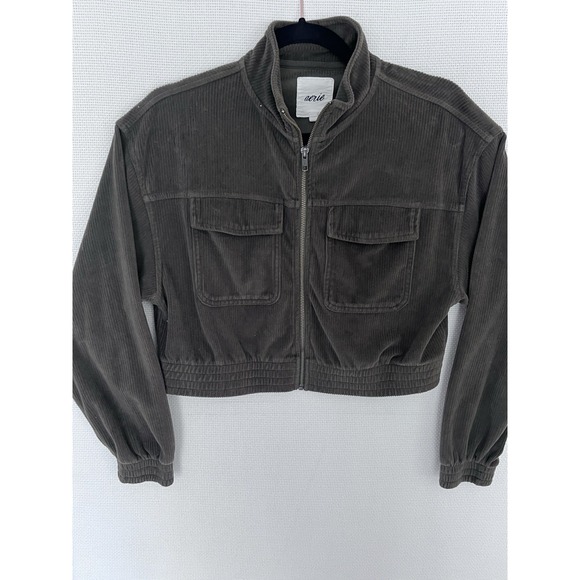 aerie Jackets & Blazers - Aerie Olive Corduroy Velour Cropped Jacket Sz Small Front Zip Retro Streetwear